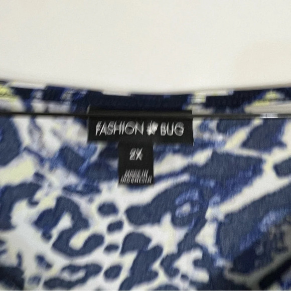 Fashion Bug Ruched Tunic Blouse 2X Stretchy Leopard Print Blue Neon Yellow White - Picture 11 of 12